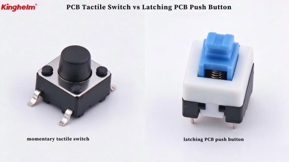 Kinghelm Exemplos de interruptores de PCB. Esquerda: interruptor tátil momentâneo; Direita: interruptor de botão de pressão com trava para PCB. Ambos pertencem à ampla família de interruptores de botão de pressão, mas diferem no mecanismo de funcionamento.